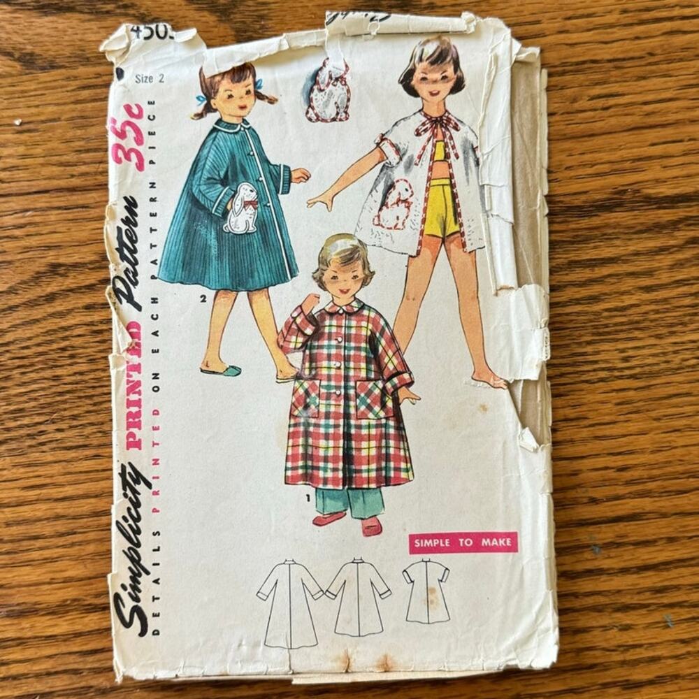 Vintage 1950s Simplicity 4503 Sewing Pattern Size 2 Toddler Robe Coat Cover Up
